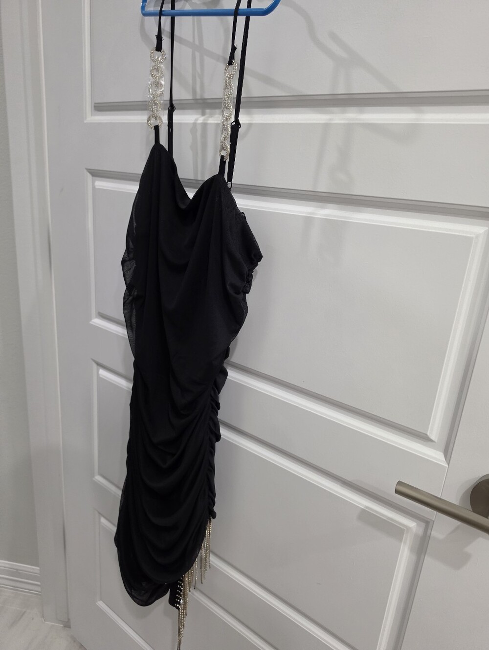 Black Rhinestone Strap Ruched Mini Dress - Picture 5 of 5